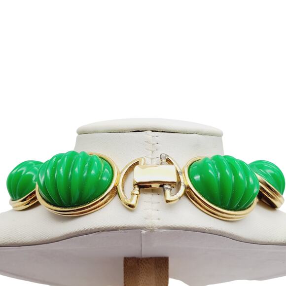 Monet Green Lucite Choker Vintage Oval Domed Acrylic Necklace Ribbed Melon - Picture 5 of 11